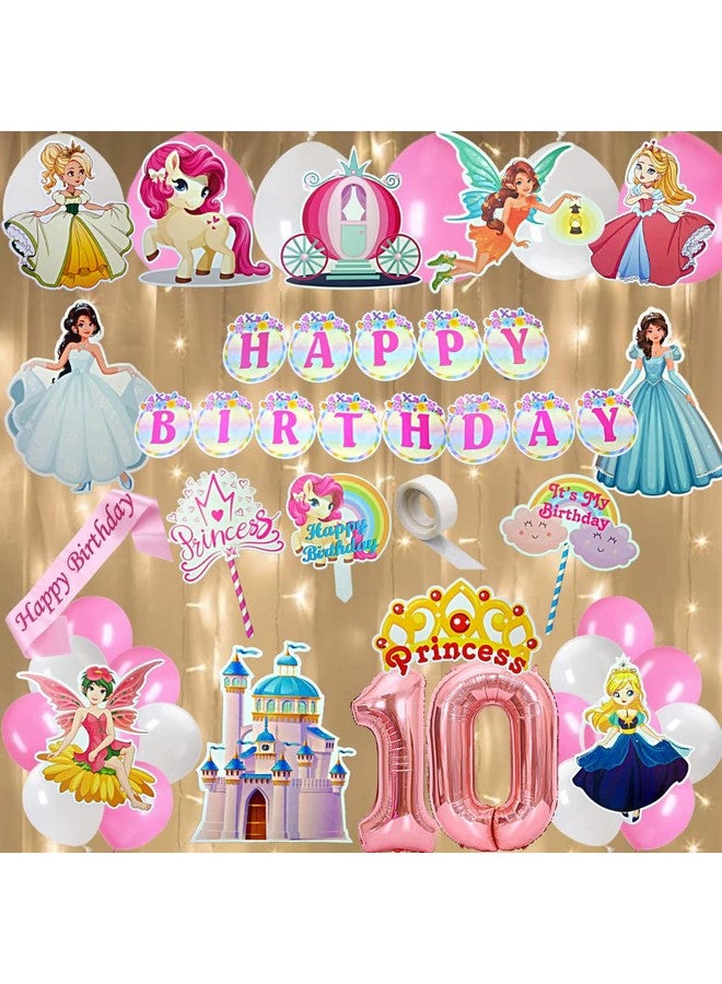 FI - FLICK IN FI - FLICK IN 52 pcs Happy 10th Birthday Decoration Kit for Girls Car Castle Cutouts Princess Sash Led Light Princess Birthday Decoration Number 10 Foil Balloon (Pack of 52, Pink) - Image 1