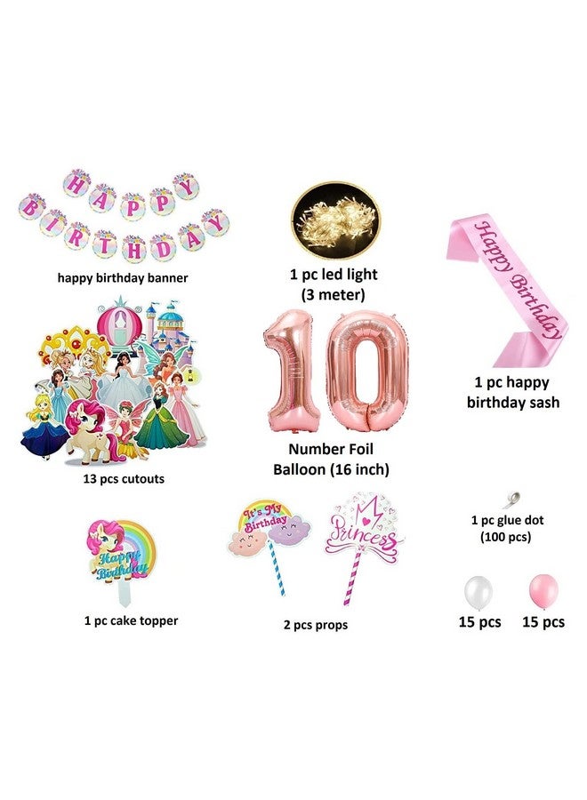 FI - FLICK IN FI - FLICK IN 52 pcs Happy 10th Birthday Decoration Kit for Girls Car Castle Cutouts Princess Sash Led Light Princess Birthday Decoration Number 10 Foil Balloon (Pack of 52, Pink) - Image 2