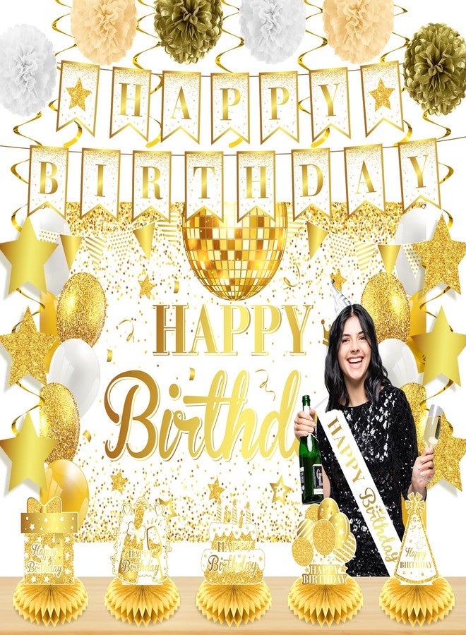 LUUFILx White and Gold Birthday Party Decorations Happy Birthday Banner Backdrop Honeycomb Centerpieces Hanging Swirls Paper Pompoms Sash Kits for Women Men Girls Bday Anniversary Party Supplies - Image 1