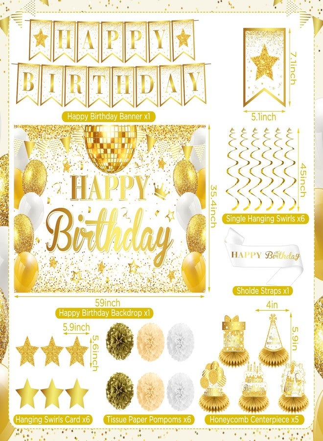 LUUFILx White and Gold Birthday Party Decorations Happy Birthday Banner Backdrop Honeycomb Centerpieces Hanging Swirls Paper Pompoms Sash Kits for Women Men Girls Bday Anniversary Party Supplies - Image 2