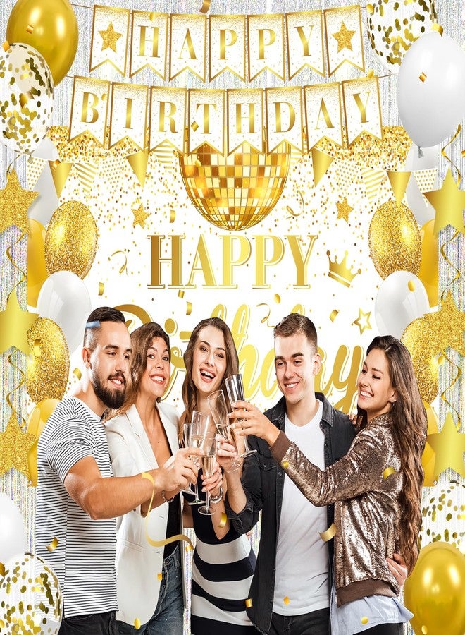 LUUFILx White and Gold Birthday Party Decorations Happy Birthday Banner Backdrop Honeycomb Centerpieces Hanging Swirls Paper Pompoms Sash Kits for Women Men Girls Bday Anniversary Party Supplies - Image 4
