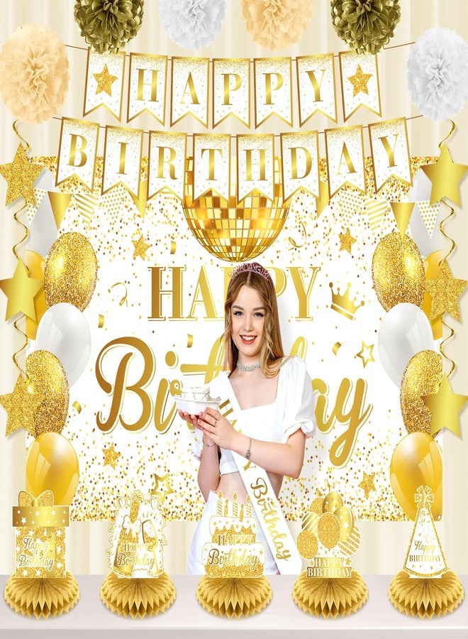LUUFILx White and Gold Birthday Party Decorations Happy Birthday Banner Backdrop Honeycomb Centerpieces Hanging Swirls Paper Pompoms Sash Kits for Women Men Girls Bday Anniversary Party Supplies - Image 3