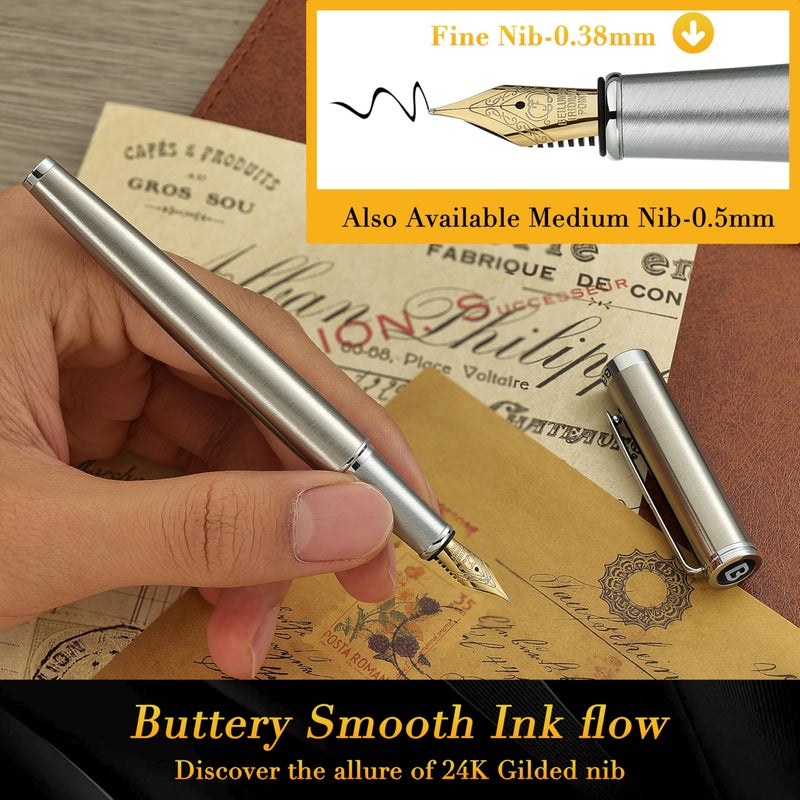 BEILUNER Luxury Fountain Pen Set, Solid 24K Gilded Fine Nib, Silver Stainless Steel Body- Includes 6 Ink Cartridges & Ink Refill Converter with Gift Case - Perfect for Men and Women - Image 4