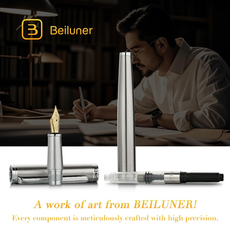 BEILUNER Luxury Fountain Pen Set, Solid 24K Gilded Fine Nib, Silver Stainless Steel Body- Includes 6 Ink Cartridges & Ink Refill Converter with Gift Case - Perfect for Men and Women - Image 3