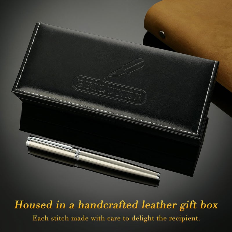 BEILUNER Luxury Fountain Pen Set, Solid 24K Gilded Fine Nib, Silver Stainless Steel Body- Includes 6 Ink Cartridges & Ink Refill Converter with Gift Case - Perfect for Men and Women - Image 5