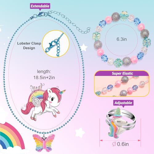 xFFFun Kids Jewelry for Girls 4-6, Little Girls Play Jewelry Set for Toddlers Age 3-5 6-8, Childrens Princess Costume Dress Up Necklace Bracelets Rings, Unicorn Birthday Gifts for 3 4 5 7 6 8 Year Old - Image 4