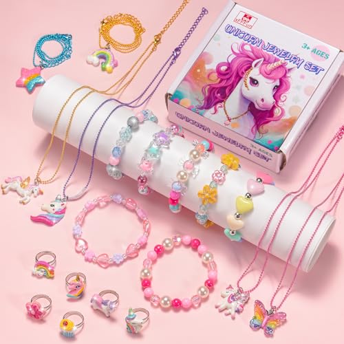 xFFFun Kids Jewelry for Girls 4-6, Little Girls Play Jewelry Set for Toddlers Age 3-5 6-8, Childrens Princess Costume Dress Up Necklace Bracelets Rings, Unicorn Birthday Gifts for 3 4 5 7 6 8 Year Old - Image 2