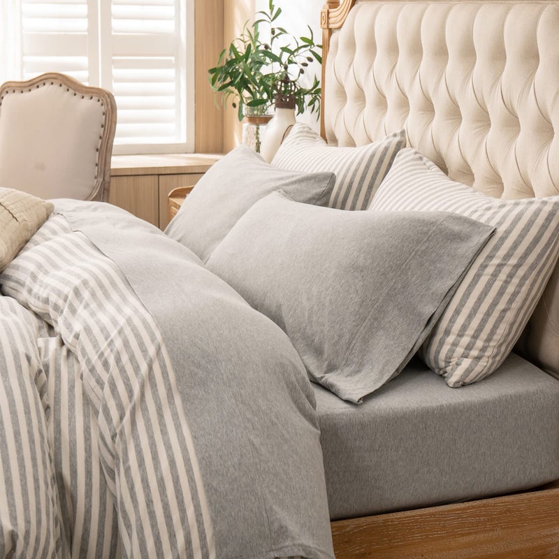 PURE ERA PURE ERA Jersey Knit 4pc Bed Sheet Set 100% T-Shirt Heather Cotton Super Soft Comfy Breathable Fits Mattress Up to 20"" Extra Deep Pocket (Heather Light Grey  Cal King)  - Image 1