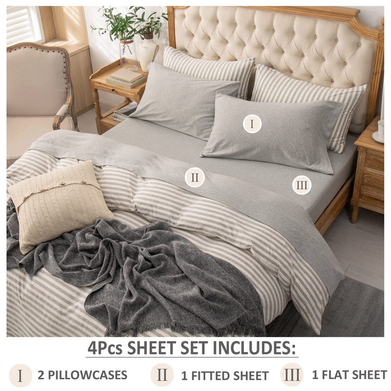 PURE ERA PURE ERA Jersey Knit 4pc Bed Sheet Set 100% T-Shirt Heather Cotton Super Soft Comfy Breathable Fits Mattress Up to 20"" Extra Deep Pocket (Heather Light Grey  Cal King)  - Image 2