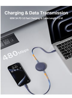 VOLTME 60W Retractable USB C Cable, 1m Fast Charging Data Cable, USB C to USB C Charger for iPhone 16/16 Pro/16 Pro Max, iPhone 15 Series, iPad Pro/Air, MacBook Pro/Air, Galaxy S24 Ultra/S24/S23, Huawei P60, Xiaomi, and More Compact, Tangle-Free Design for Convenient Charging and Data Transfer- Blue  - Image 3