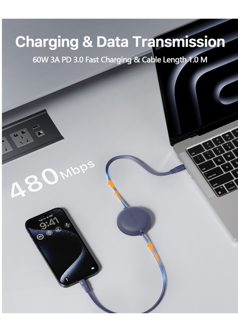 VOLTME 60W 3A Retractable USB-C Type-C Cable 1m (3ft) – PD Fast Charging & High-Speed Data Sync Compatible with iPhone 17/16/15, iPad Pro M4, MacBook Air/Pro M3, Samsung Galaxy S25/S24, Pixel 9, Nintendo Switch, PS5 Controller – Blue - Image 3