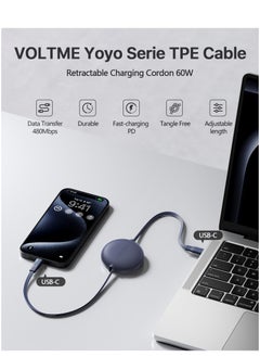 VOLTME 60W Retractable USB C Cable, 1m Fast Charging Data Cable, USB C to USB C Charger for iPhone 16/16 Pro/16 Pro Max, iPhone 15 Series, iPad Pro/Air, MacBook Pro/Air, Galaxy S24 Ultra/S24/S23, Huawei P60, Xiaomi, and More Compact, Tangle-Free Design for Convenient Charging and Data Transfer- Blue  - Image 2