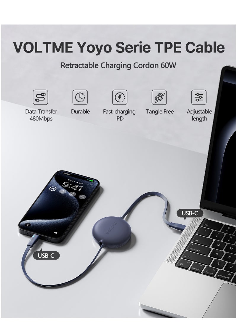 VOLTME 60W 3A Retractable USB-C Type-C Cable 1m (3ft) – PD Fast Charging & High-Speed Data Sync Compatible with iPhone 17/16/15, iPad Pro M4, MacBook Air/Pro M3, Samsung Galaxy S25/S24, Pixel 9, Nintendo Switch, PS5 Controller – Blue - Image 2
