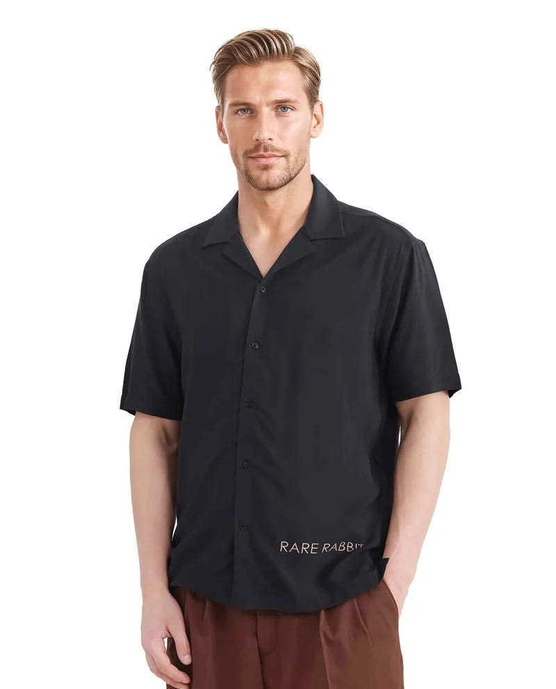Rare Rabbit Rare Rabbit Men Thuban Black Cotton Fabric Half Sleeve Cuban Collared Button Closure Floral Print Shirt