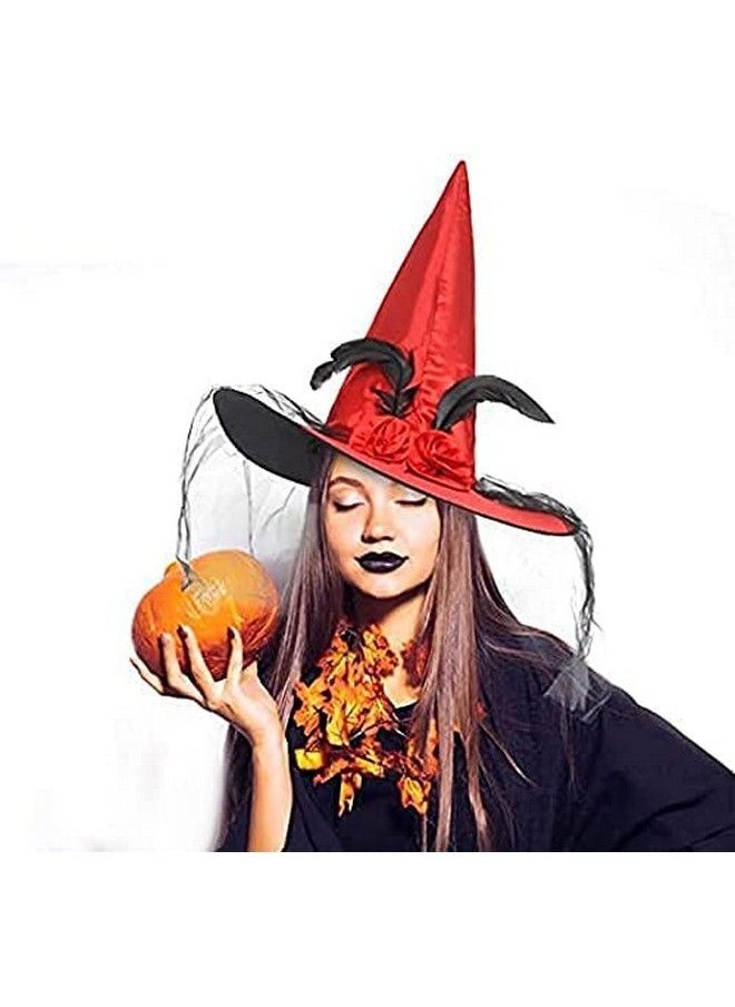 JUSTOTRY - Magic Master Red Witch Hat For Costume Party & Halloween Witch Hats For Women & Girls Witch Costume Women Witch Hats Attached With Roses & Feathers Ironable Witches Hats(Red) - Image 1
