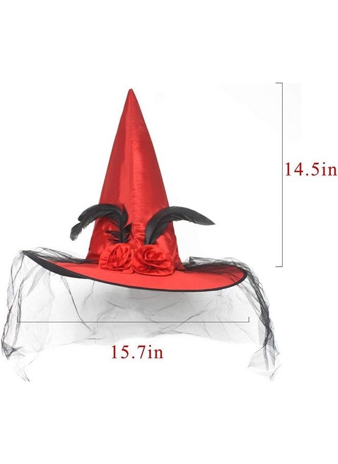 JUSTOTRY - Magic Master Red Witch Hat For Costume Party & Halloween Witch Hats For Women & Girls Witch Costume Women Witch Hats Attached With Roses & Feathers Ironable Witches Hats(Red) - Image 1