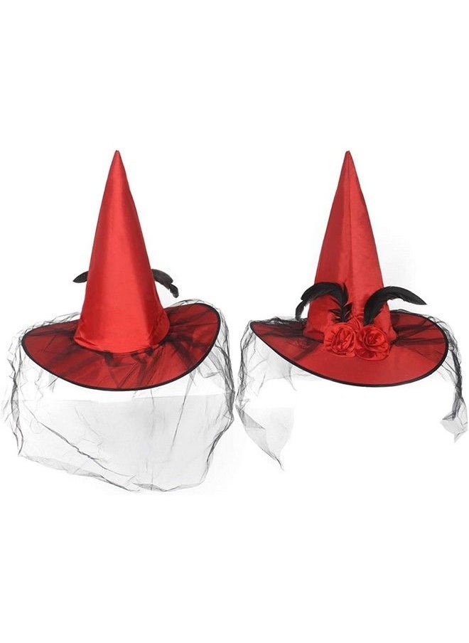 JUSTOTRY - Magic Master Red Witch Hat For Costume Party & Halloween Witch Hats For Women & Girls Witch Costume Women Witch Hats Attached With Roses & Feathers Ironable Witches Hats(Red) - Image 1