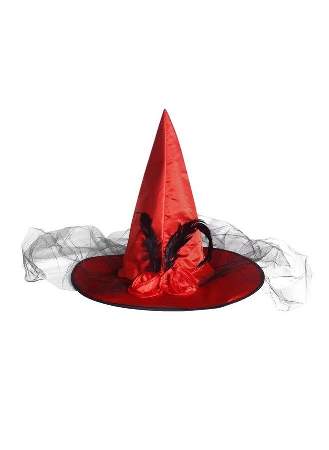 JUSTOTRY - Magic Master Red Witch Hat For Costume Party & Halloween Witch Hats For Women & Girls Witch Costume Women Witch Hats Attached With Roses & Feathers Ironable Witches Hats(Red) - Image 1