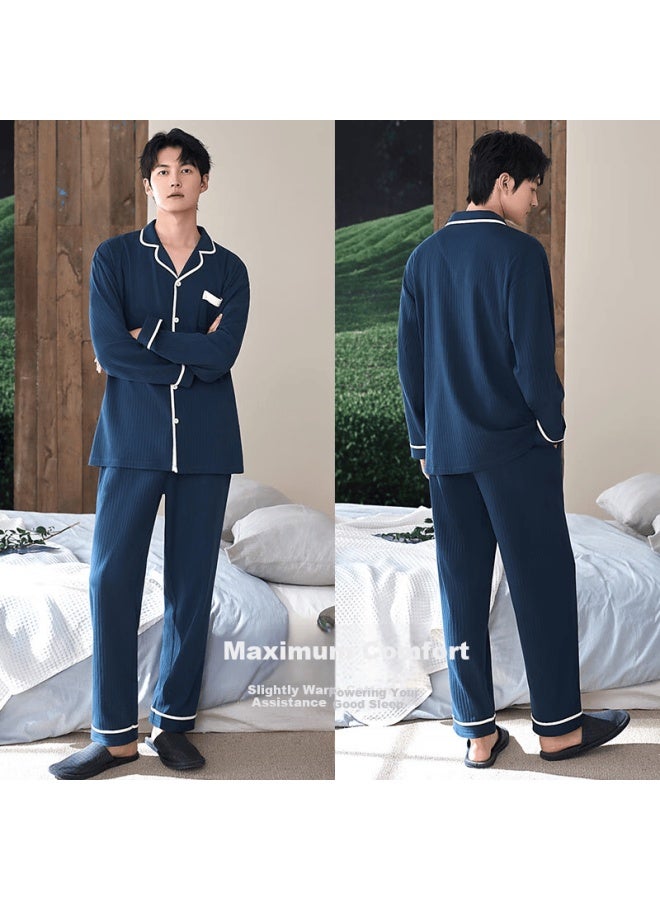 Xulen Men's Pajamas, Spring And Autumn Cotton Long-sleeve Loungewear, Thin Large Size Set, 72212 Royal Blue, 3XL - Image 2