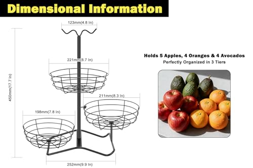 Winmien 3 Tier Fruit Basket Bowl with 2 Banana Hooks Solid Metal Standing Vegetable Storage for Kitchen Counter Large Capacity Organizer for Bread Snack Produce Black - Image 3