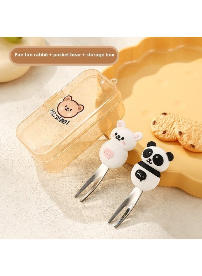 Children's Creative Fork Spoon 304 Stainless Steel Short Handle Cartoon Tableware Household Baby Dining Portable Tableware Suit-Specifications:No Specifications-Color:Fan Fan Rabbit Bear Fruit Fork Storage Box - Image 1