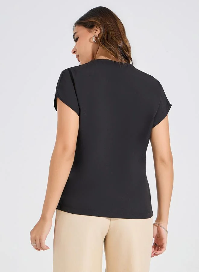 Styli Solid Mock Wrap Top with Short Sleeves
