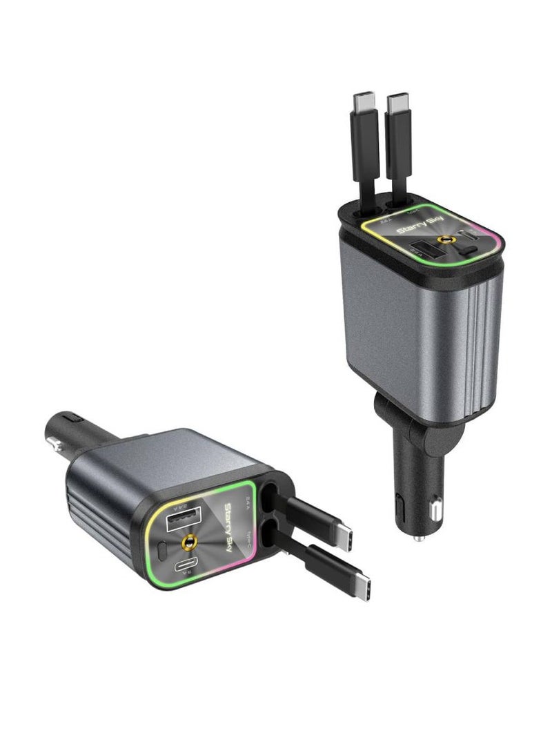 شاحن سيارة، كابل قابل للسحب بقوة 66 وات وشاحن سيارة USB، شحن سريع بأربعة منافذ مع إسقاط سقف مرصع بالنجوم، متوافق مع أجهزة جالاكسي والأجهزة الأخرى - Image 1