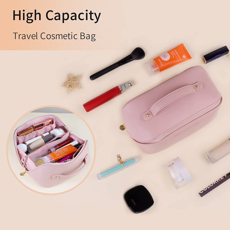 HOUVIDA Large Capacity Travel Cosmetic Bag PU Leather Waterproof Portable with Handle and Divider Multifunctional Bag Makeup Accessories for Women Pink - Image 4