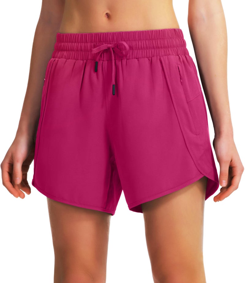 Ksmien Women's 5"/ 7" Athletic Running Shorts Quick Dry Lightweight Workout Gym Shorts with Zipper Pockets UPF 50+ Rose - Image 4