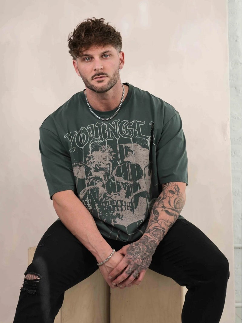 Youngla Men'S Oversized T-Shirt Cotton Crew Neck Loose Short Sleeve Gym Sports Fitness T-Shirt 240G Cotton - Image 4