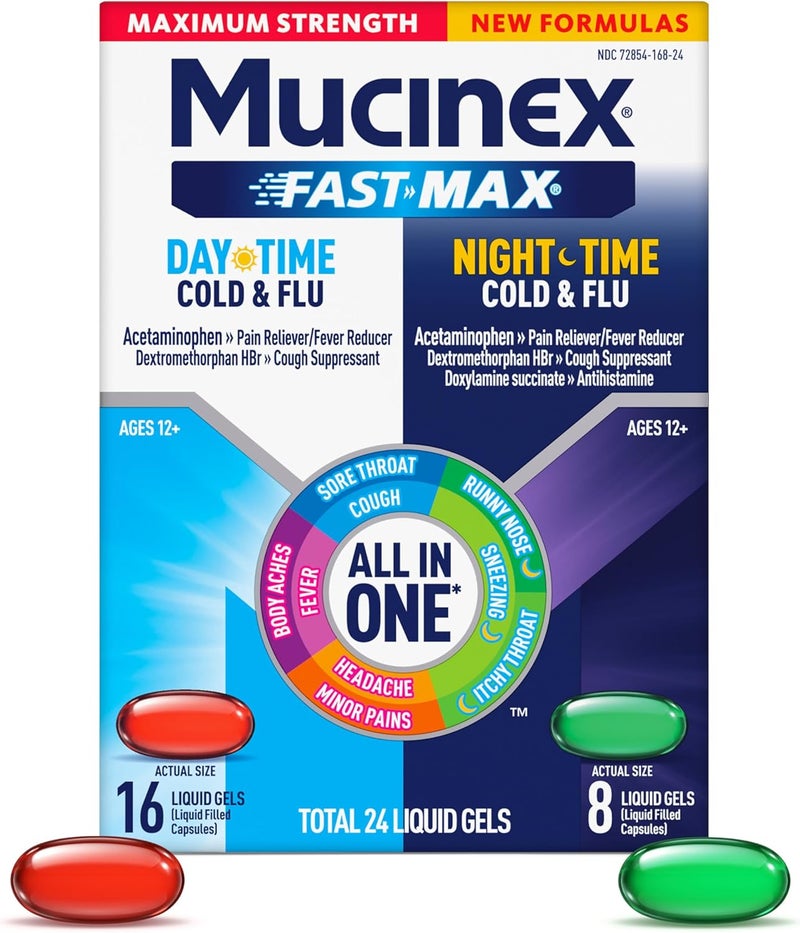 MUCINEX دواء فاست ماكس للقوة القصوى للبالغين للبرد والإنفلونزا نهارًا وليلاً دواء قوي بدون وصفة طبية لأعراض البرد والإنفلونزا جيل سائل سريع الذوبان 24 عدداً - Image 1