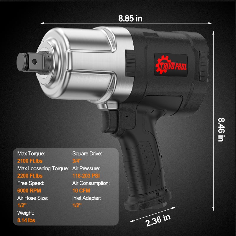 Trivd Frol Air Impact Wrench - 3/4 Inch Air Impact Gun, Up to 2100 Ft.lbs, 6000RPM High Torque Impact Driver, Twin Hammer Pneumatic Impact Wrench for Auto Repair, Tire Shop - Image 2