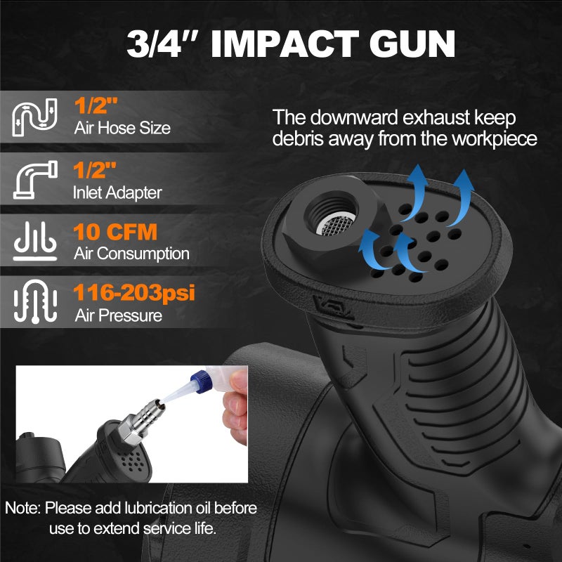 Trivd Frol Air Impact Wrench - 3/4 Inch Air Impact Gun, Up to 2100 Ft.lbs, 6000RPM High Torque Impact Driver, Twin Hammer Pneumatic Impact Wrench for Auto Repair, Tire Shop - Image 5