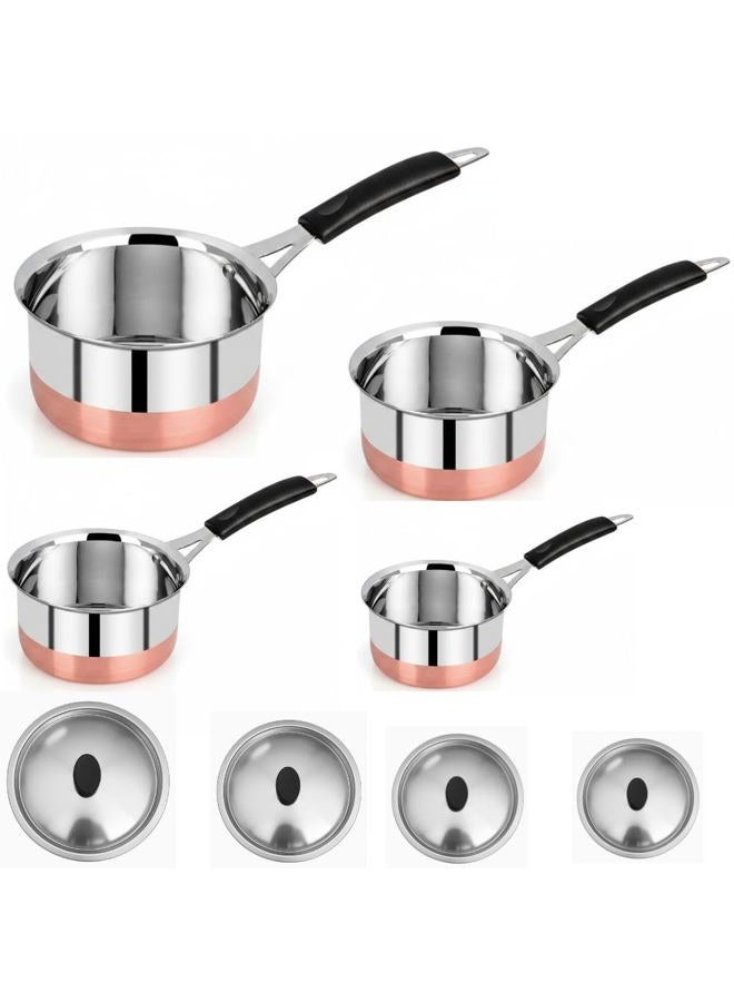 8 Pcs Set - Stainless Steel Copper Bottom Saucepan With Lid, Tea Coffee Pan, Milk Pan, Tapeli Patila, Sauce Pot Cookware with Handle Combo Set of 8 Pcs (800 ml, 1200 ml,1700 ml and 2000 ml) - Image 1