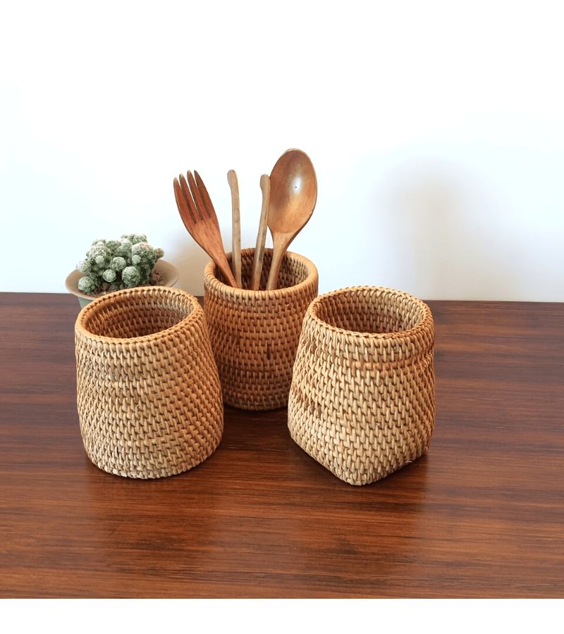 Handwoven Rattan Pen Holder Style C Stationery Organizer for Desk - Image 1