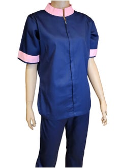 Rannah's Uniform Mandarin collar beautiful design Uniform for Housemaids, beauty salon staff. Navy Blue with Pink Collar  - Image 2