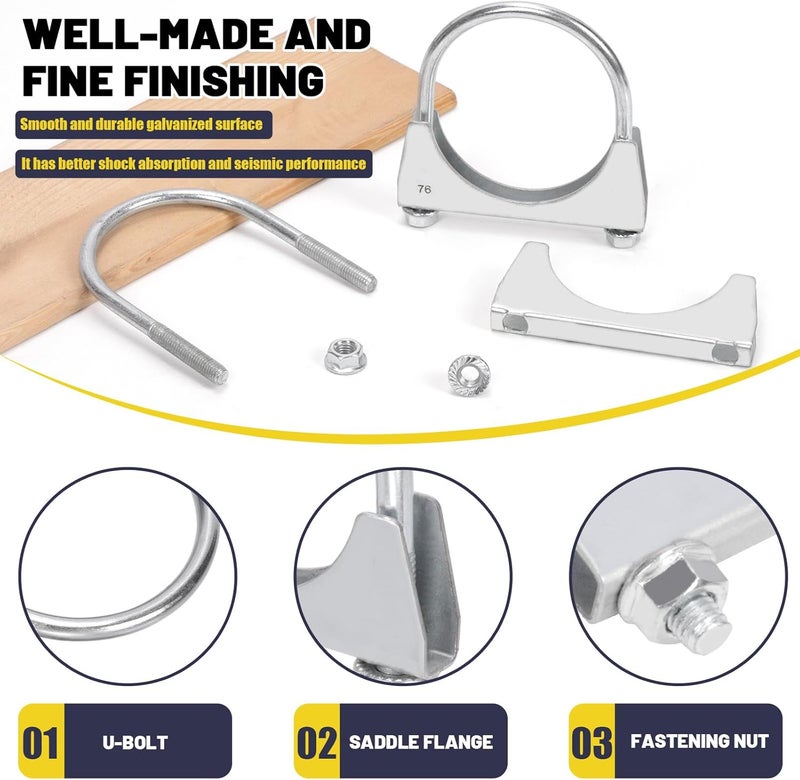 Mardatt 2Pcs 3" (76mm) Exhaust U Clamps, U Bolt Muffler Clips, Silver Steel, Automotive Exhaust Clamps - Image 3