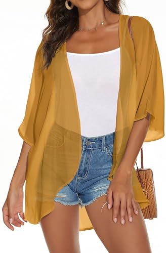 JILUVIN Womens Kimono Cardigans Beach Cover ups Swimwear Puff Sleeve Loose Casual Summer Tops 2026 (Ginger,L) - Image 1