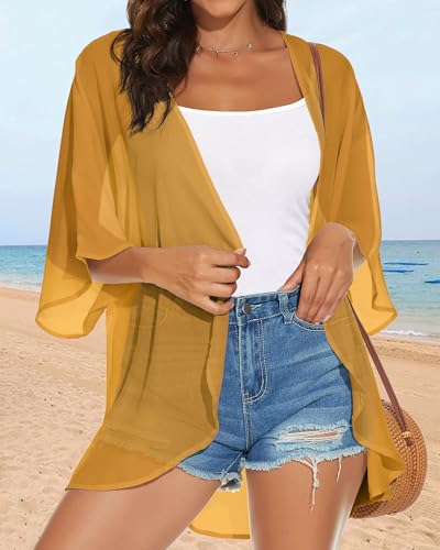 JILUVIN Womens Kimono Cardigans Beach Cover ups Swimwear Puff Sleeve Loose Casual Summer Tops 2026 (Ginger,L) - Image 2