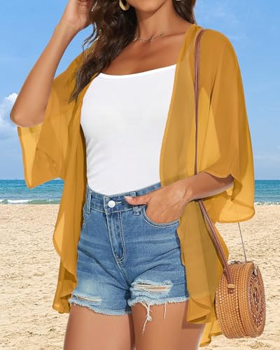 JILUVIN Womens Kimono Cardigans Beach Cover ups Swimwear Puff Sleeve Loose Casual Summer Tops 2026 (Ginger,L) - Image 4