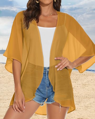 JILUVIN Womens Kimono Cardigans Beach Cover ups Swimwear Puff Sleeve Loose Casual Summer Tops 2026 (Ginger,L) - Image 3