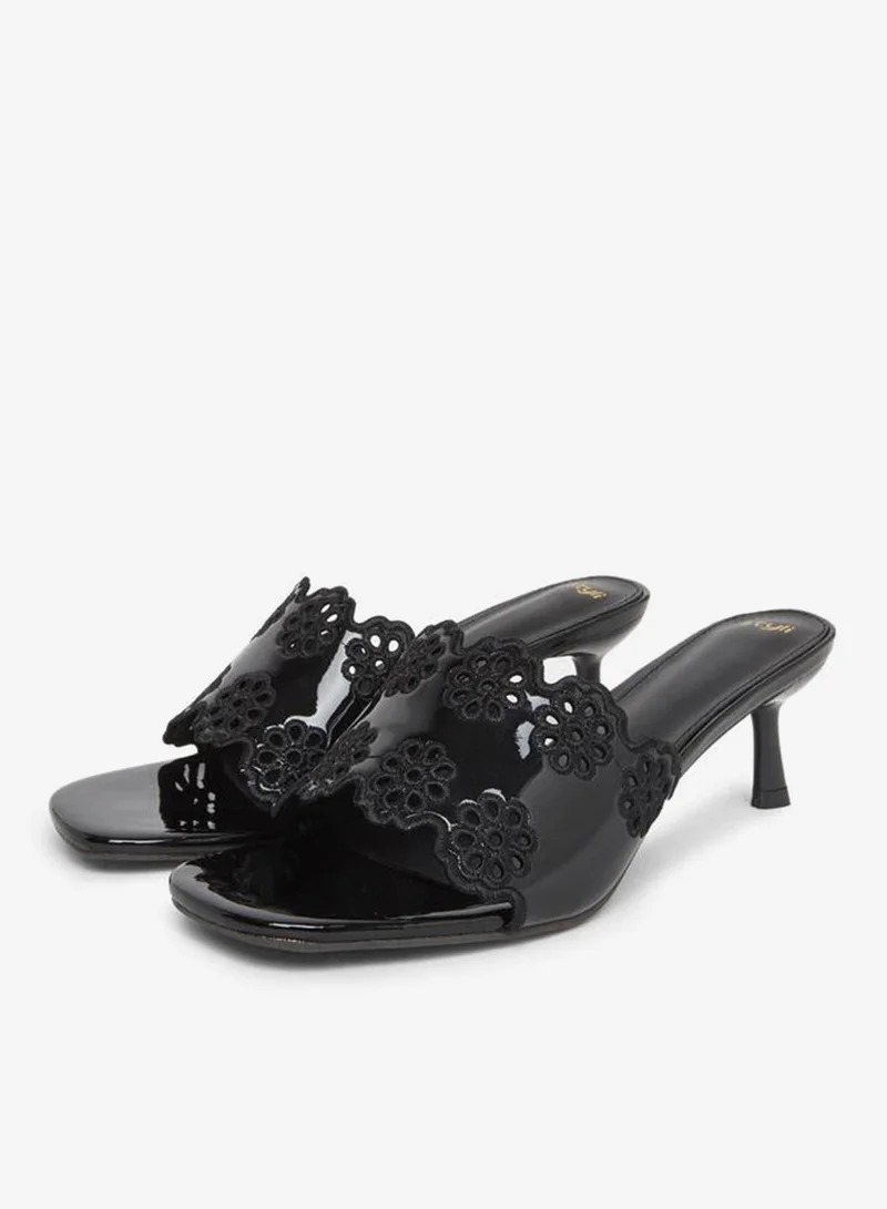 Styli Black Floral Cutout Kitten Heel Sandals