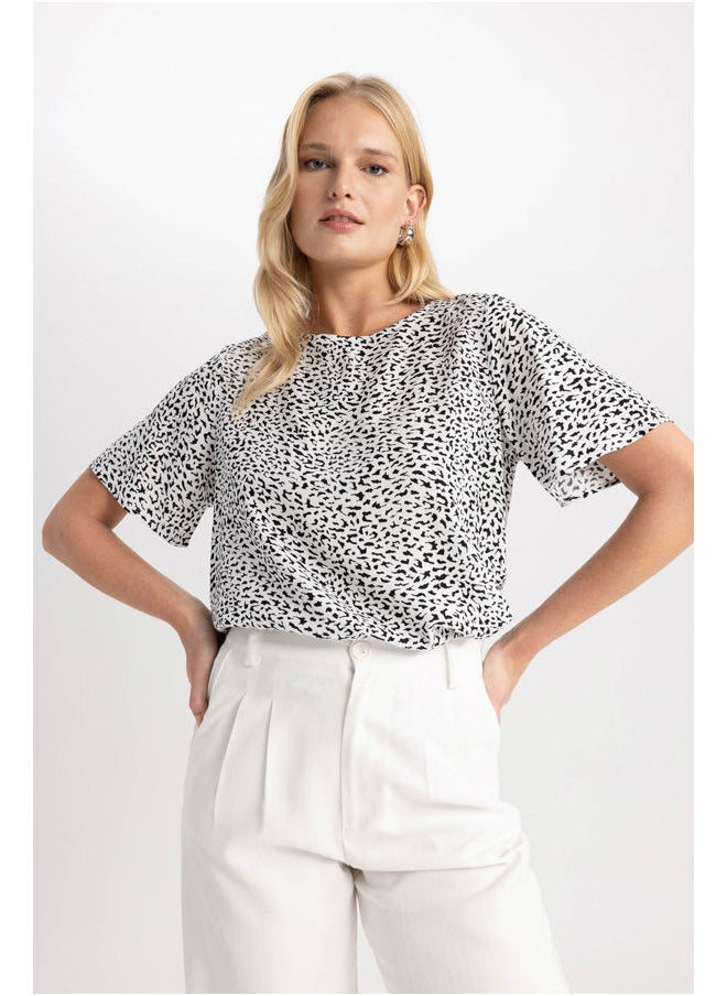 DeFacto - Woman Regular Fit Round Collar Woven Short Sleeve Blouse - Image 1