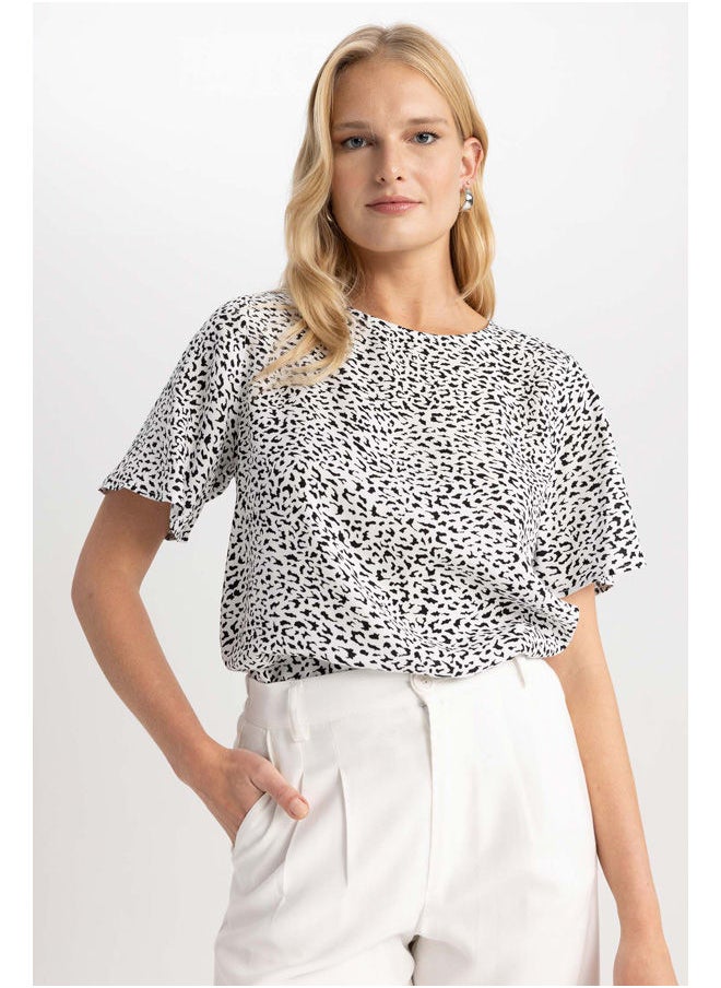 DeFacto - Woman Regular Fit Round Collar Woven Short Sleeve Blouse - Image 1