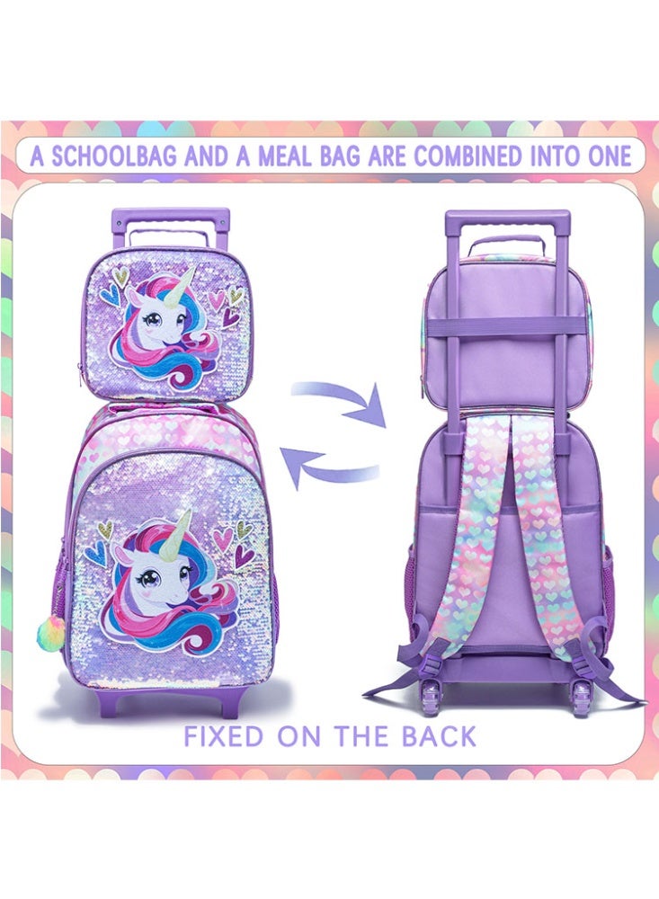 JCB CHIC مجموعة من 3 قطع حقيبة ظهر متدحرجة للأطفال، حقيبة كرتونية لطيفة ذات عجلتين مع صندوق غداء وحقيبة أقلام، حقيبة سفر متعددة الجيوب للأطفال، حقيبة يد للأطفال الصغار في المرحلة الابتدائية - Image 3