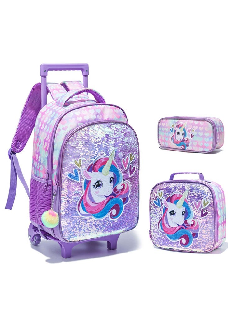 JCB CHIC مجموعة من 3 قطع حقيبة ظهر متدحرجة للأطفال، حقيبة كرتونية لطيفة ذات عجلتين مع صندوق غداء وحقيبة أقلام، حقيبة سفر متعددة الجيوب للأطفال، حقيبة يد للأطفال الصغار في المرحلة الابتدائية - Image 1