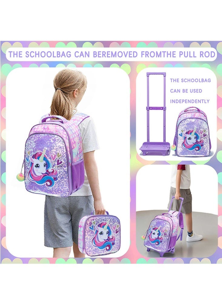 JCB CHIC مجموعة من 3 قطع حقيبة ظهر متدحرجة للأطفال، حقيبة كرتونية لطيفة ذات عجلتين مع صندوق غداء وحقيبة أقلام، حقيبة سفر متعددة الجيوب للأطفال، حقيبة يد للأطفال الصغار في المرحلة الابتدائية - Image 4