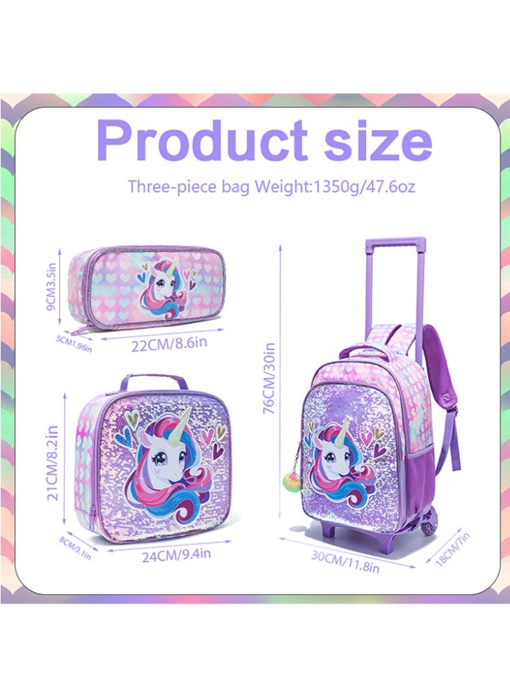 JCB CHIC مجموعة من 3 قطع حقيبة ظهر متدحرجة للأطفال، حقيبة كرتونية لطيفة ذات عجلتين مع صندوق غداء وحقيبة أقلام، حقيبة سفر متعددة الجيوب للأطفال، حقيبة يد للأطفال الصغار في المرحلة الابتدائية - Image 2