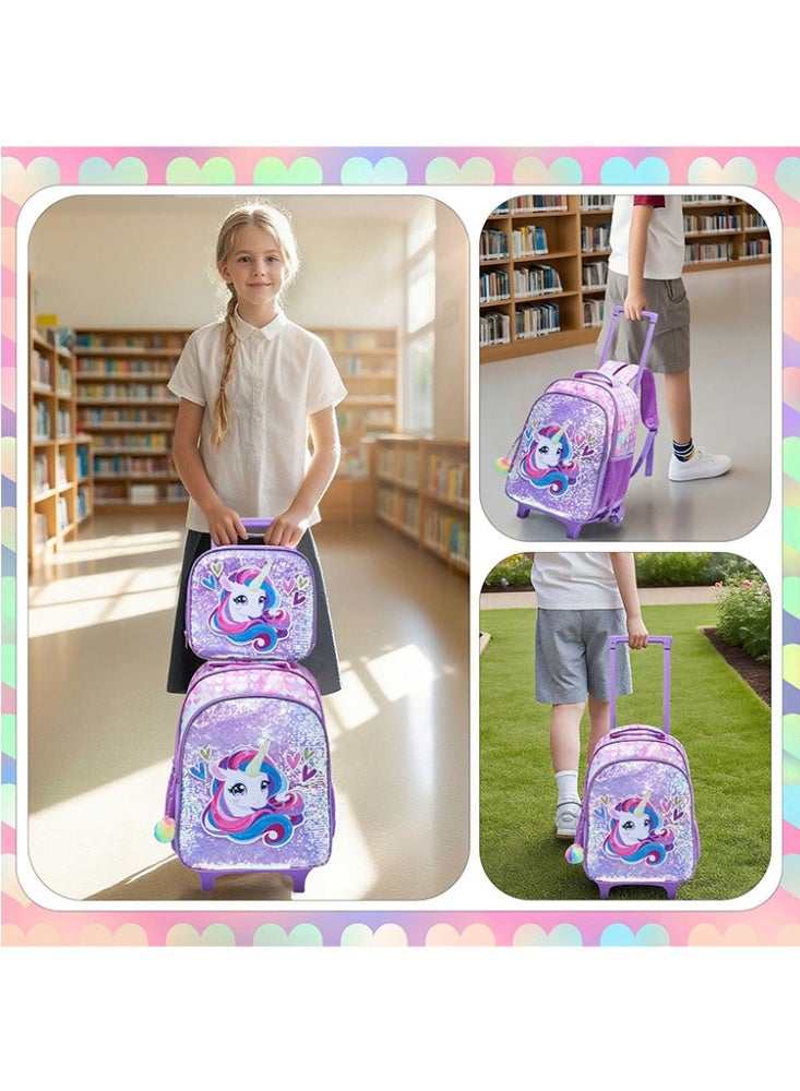 JCB CHIC مجموعة من 3 قطع حقيبة ظهر متدحرجة للأطفال، حقيبة كرتونية لطيفة ذات عجلتين مع صندوق غداء وحقيبة أقلام، حقيبة سفر متعددة الجيوب للأطفال، حقيبة يد للأطفال الصغار في المرحلة الابتدائية - Image 5