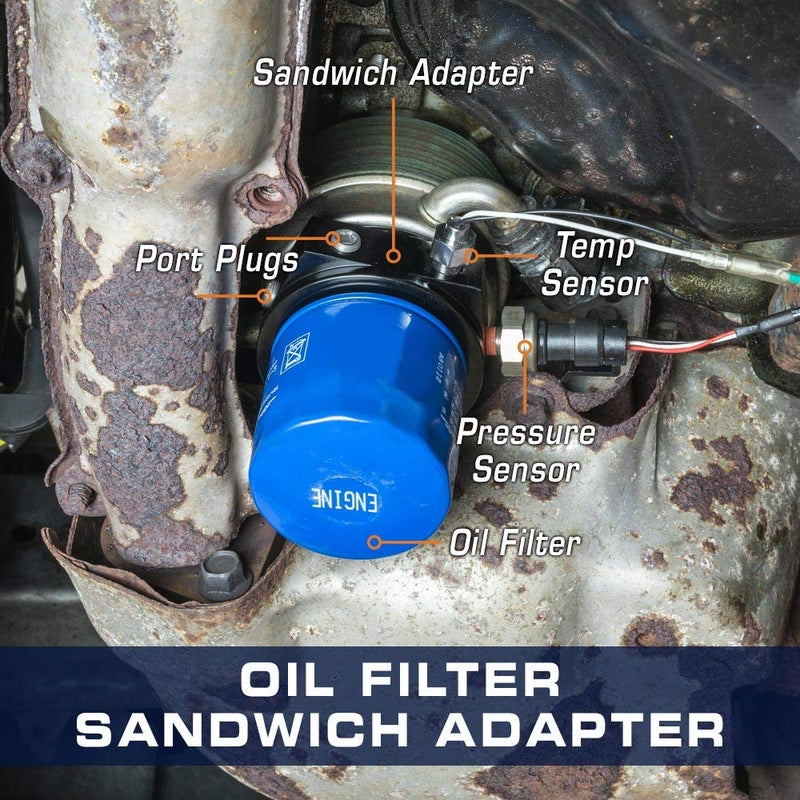GlowShift Oil Filter Sandwich Plate Thread Adapter - 20mm x 1.5 Thread - Install up to (4) 1/8-27 NPT Oil Pressure & Temperature Sensors - Includes O-Ring & Port Plugs - Image 4